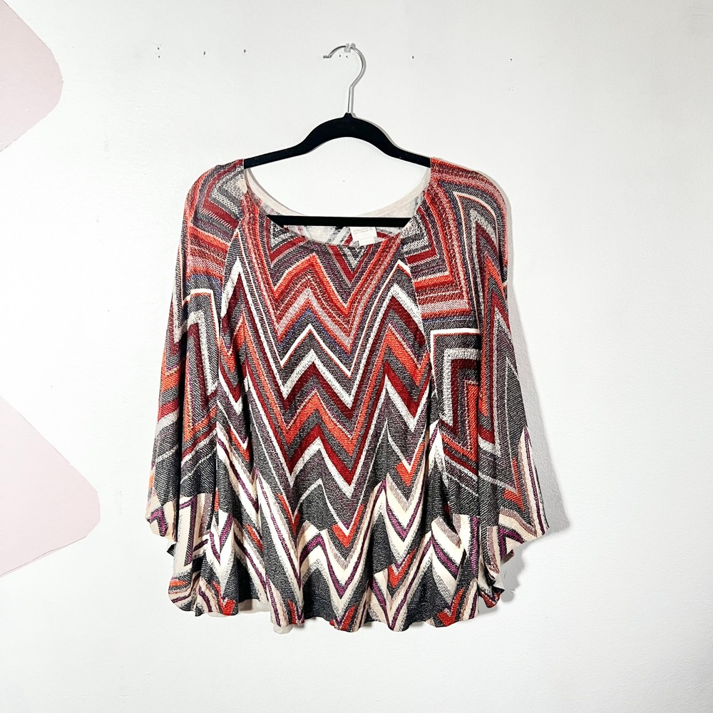 Chico's Blouse Top Women's L/XL Batwing Chevron Poncho Orange Boho